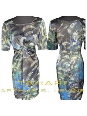 Tahari ASL Tropical Print Satin Scoop Neck Knot Short Sleeve Midi Dress (8)